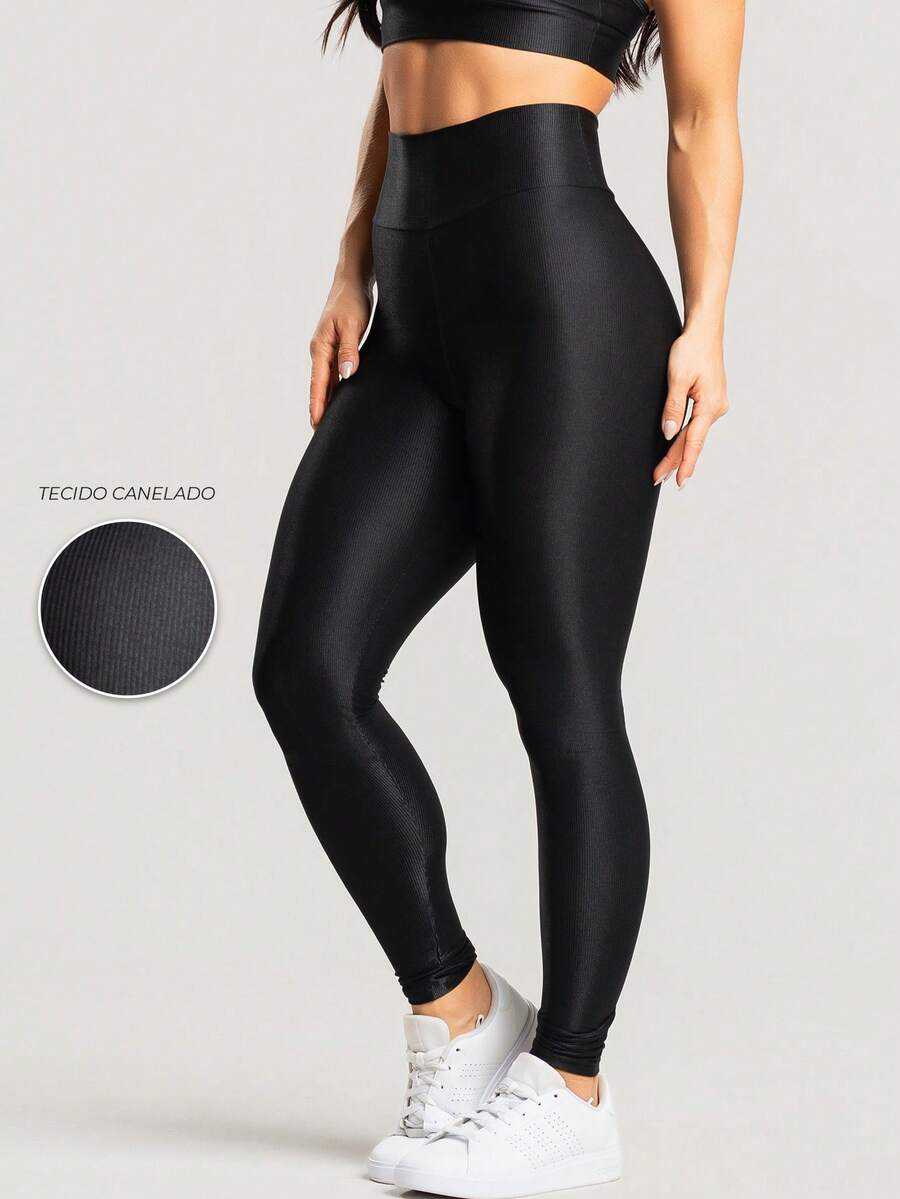 Legging Fitness Feminina Canelada de Cintura Alta para Treino