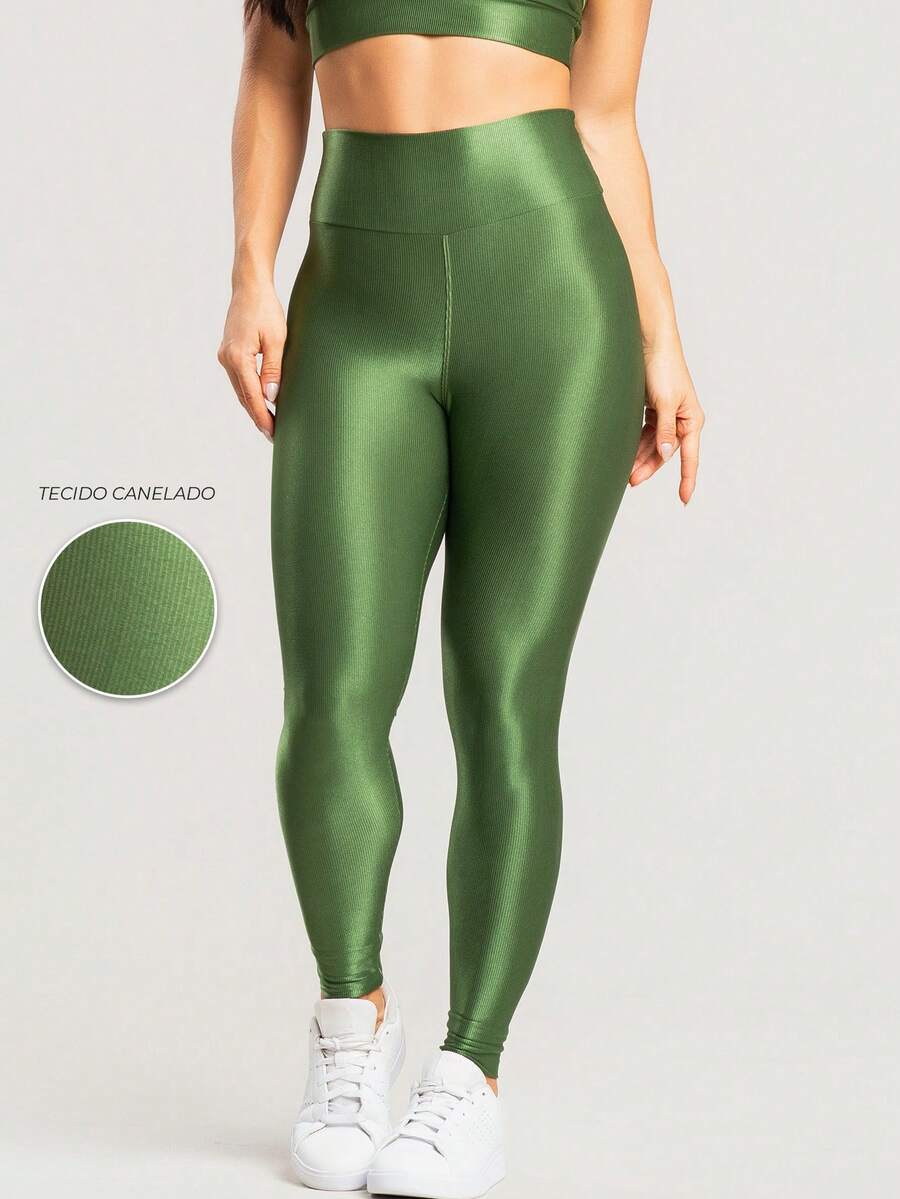 Legging Fitness Feminina Canelada de Cintura Alta para Treino