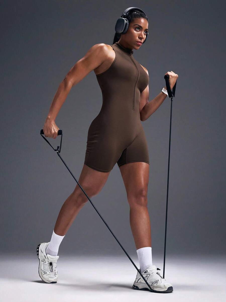 Macacão Fitness Feminino com Zíper Frontal e Sem Mangas