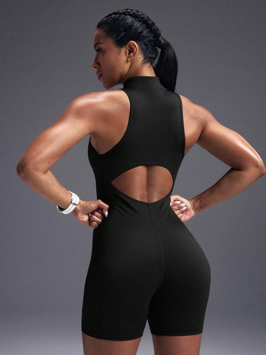 Macacão Fitness Feminino com Zíper Frontal e Sem Mangas