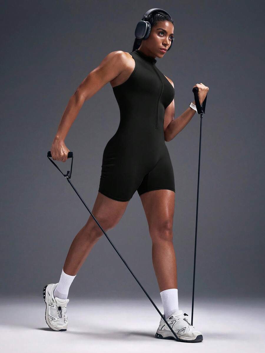 Macacão Fitness Feminino com Zíper Frontal e Sem Mangas