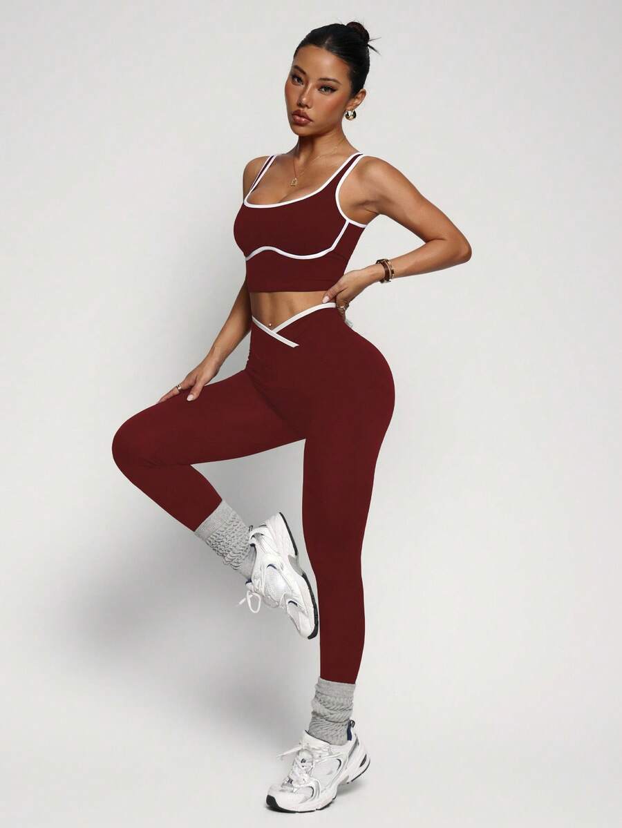 Conjunto Fitness Feminino Sem Costura com Cores Contrastantes