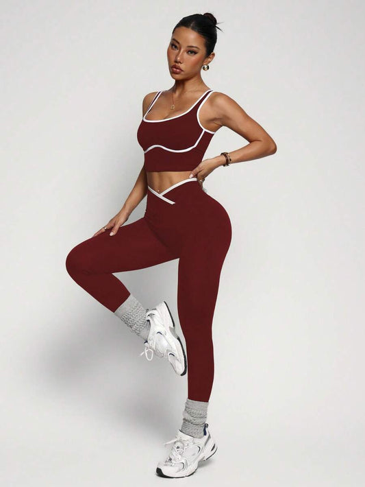 Conjunto Fitness Feminino Sem Costura com Cores Contrastantes