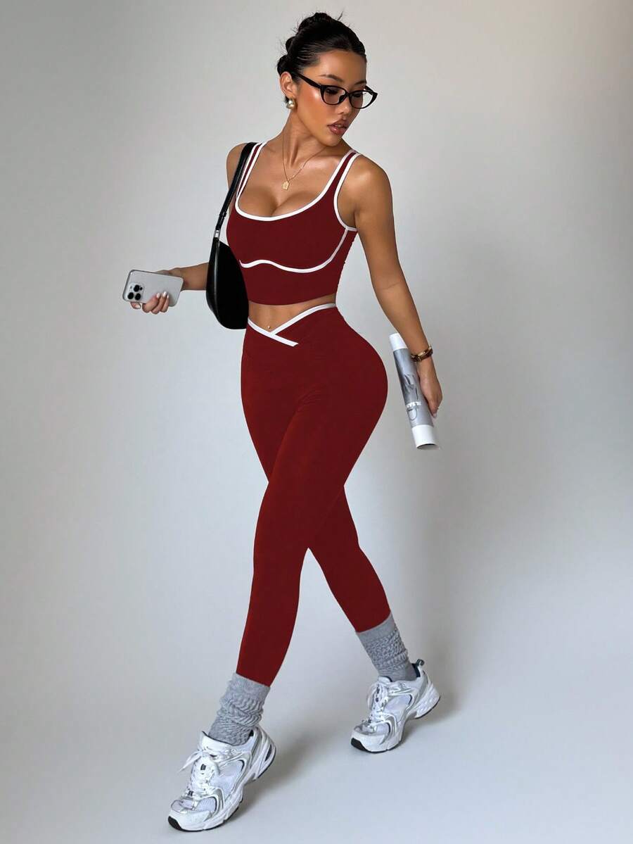 Conjunto Fitness Feminino Sem Costura com Cores Contrastantes