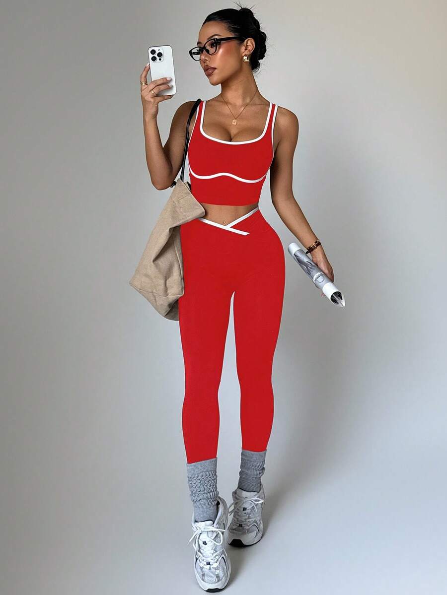 Conjunto Fitness Feminino Sem Costura com Cores Contrastantes