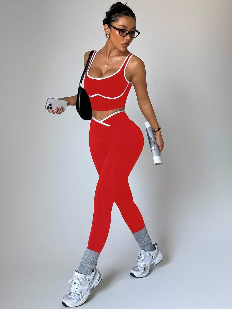 Conjunto Fitness Feminino Sem Costura com Cores Contrastantes