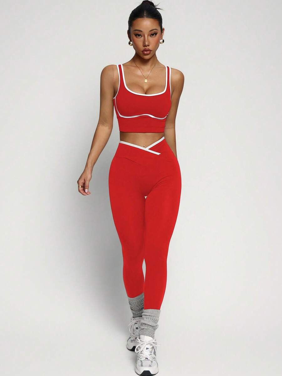 Conjunto Fitness Feminino Sem Costura com Cores Contrastantes