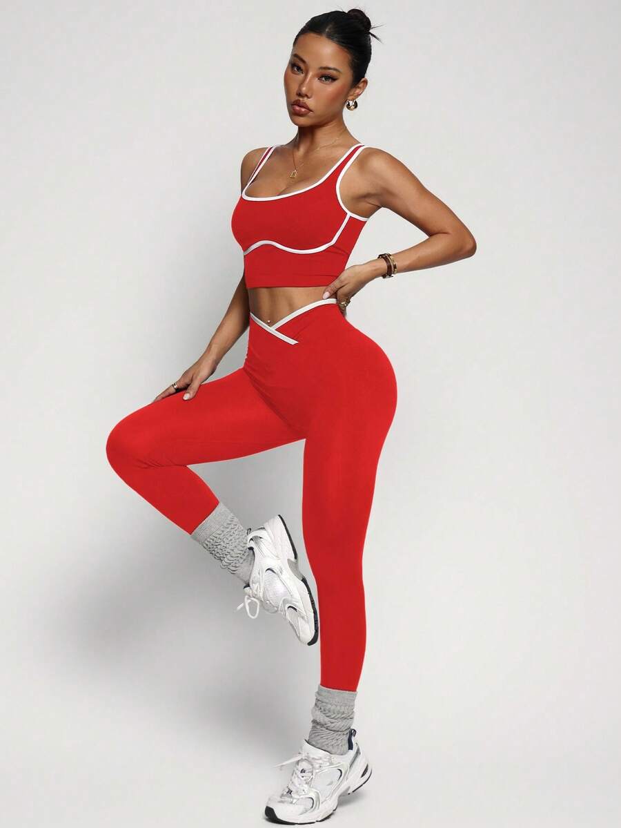 Conjunto Fitness Feminino Sem Costura com Cores Contrastantes
