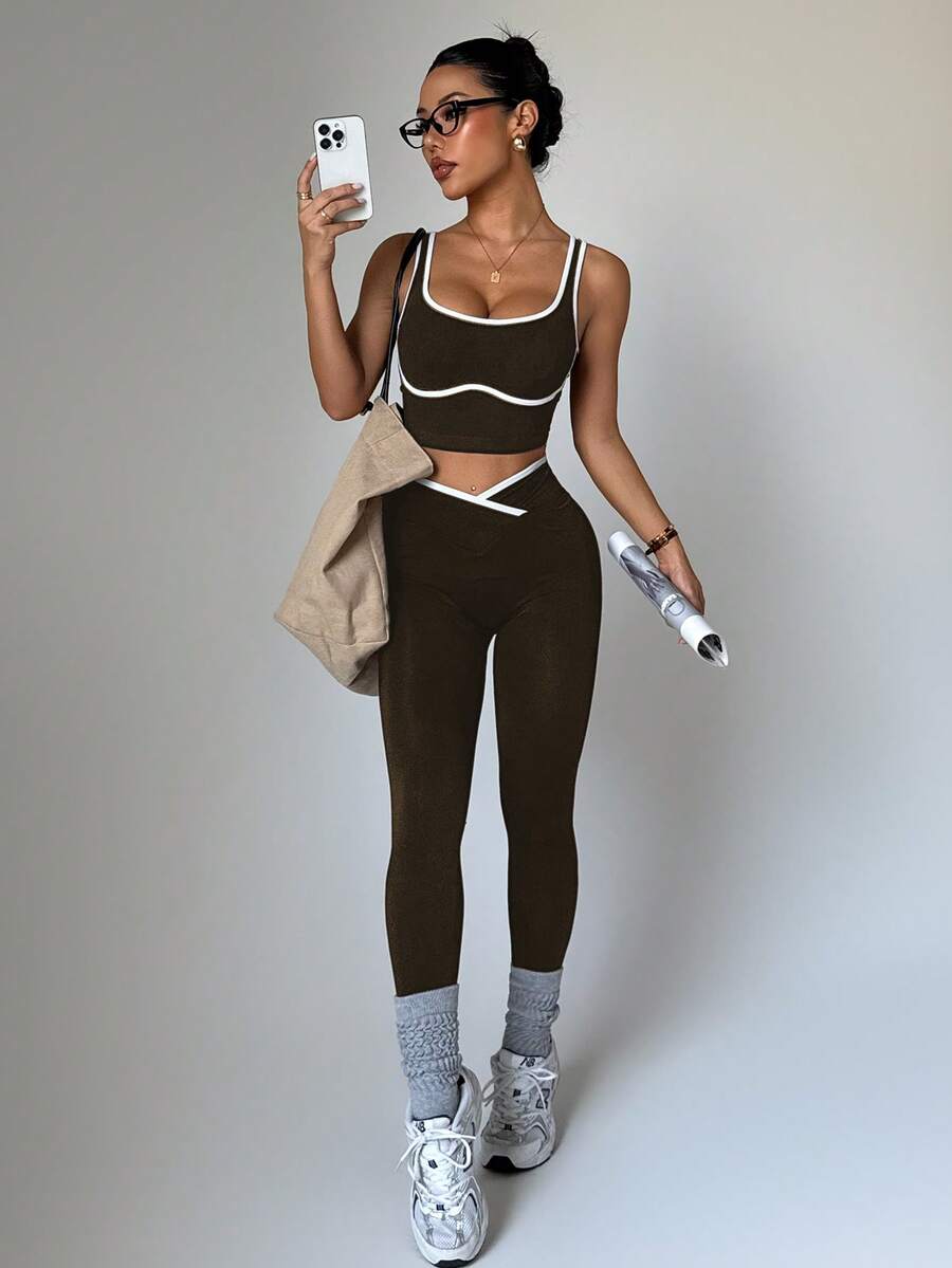 Conjunto Fitness Feminino Sem Costura com Cores Contrastantes