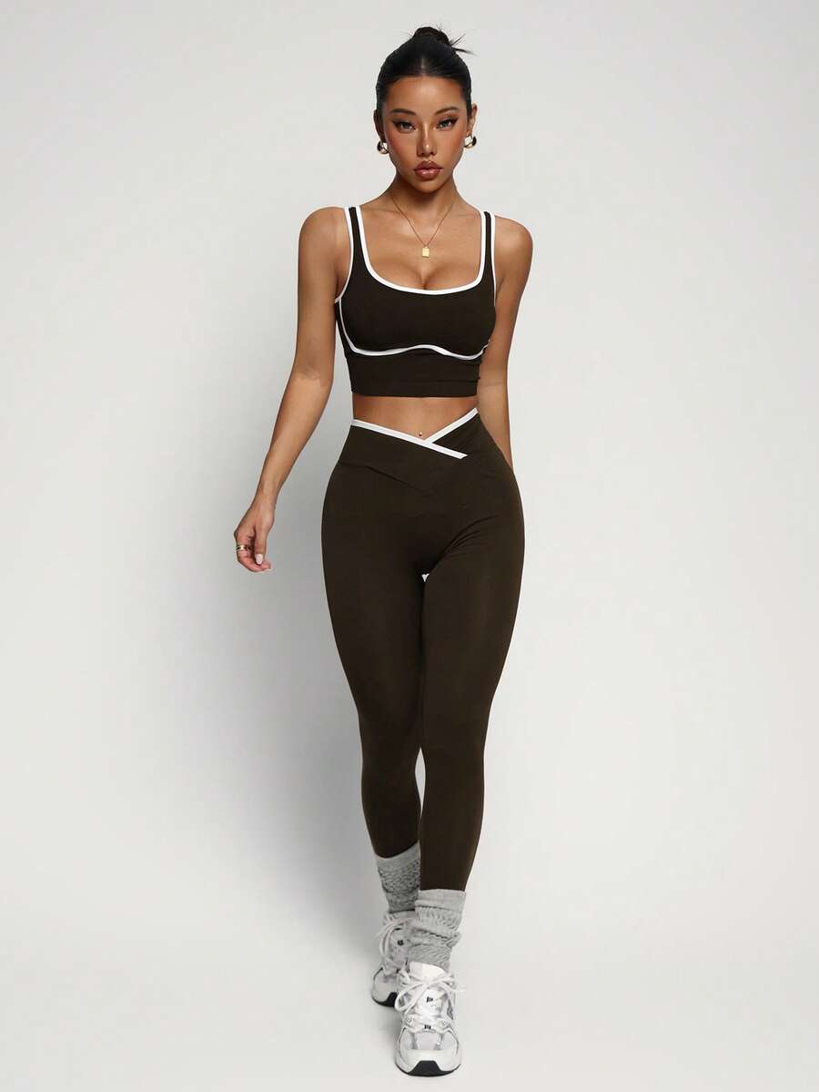 Conjunto Fitness Feminino Sem Costura com Cores Contrastantes