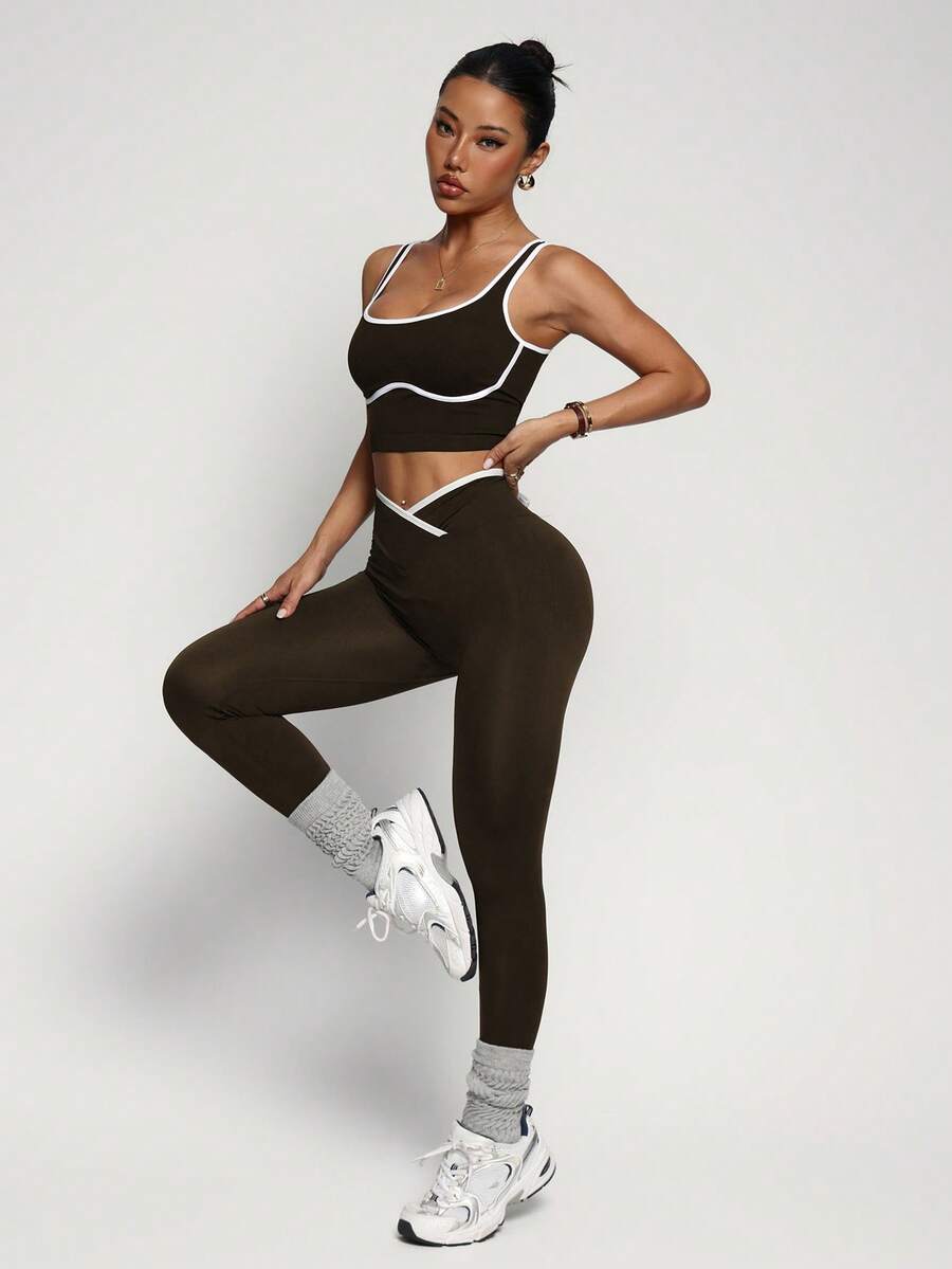 Conjunto Fitness Feminino Sem Costura com Cores Contrastantes
