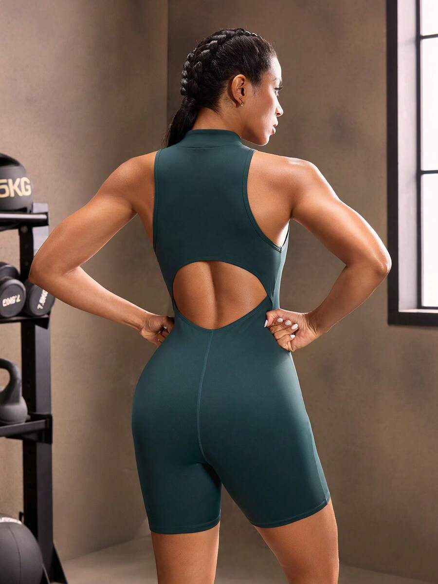 Macacão Fitness Feminino com Zíper Frontal e Sem Mangas