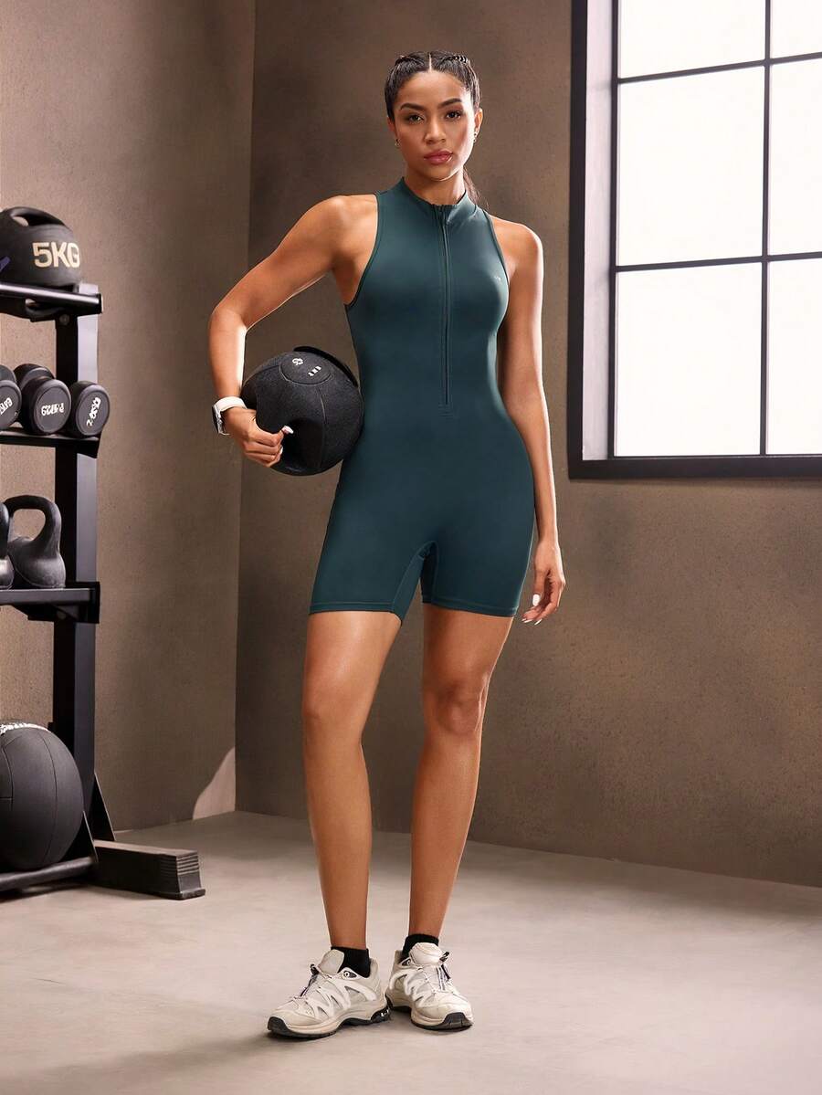 Macacão Fitness Feminino com Zíper Frontal e Sem Mangas