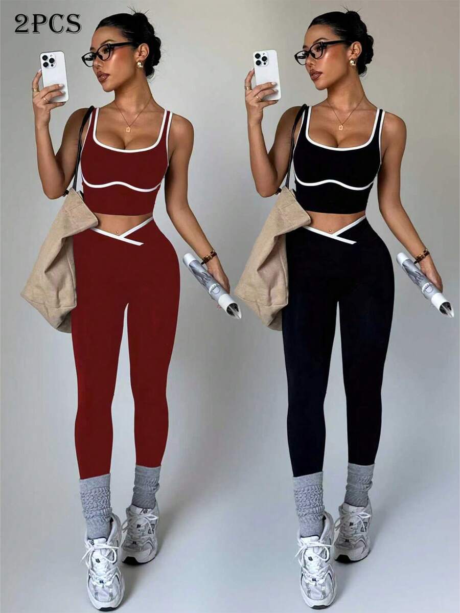 Conjunto Fitness Feminino Sem Costura com Cores Contrastantes