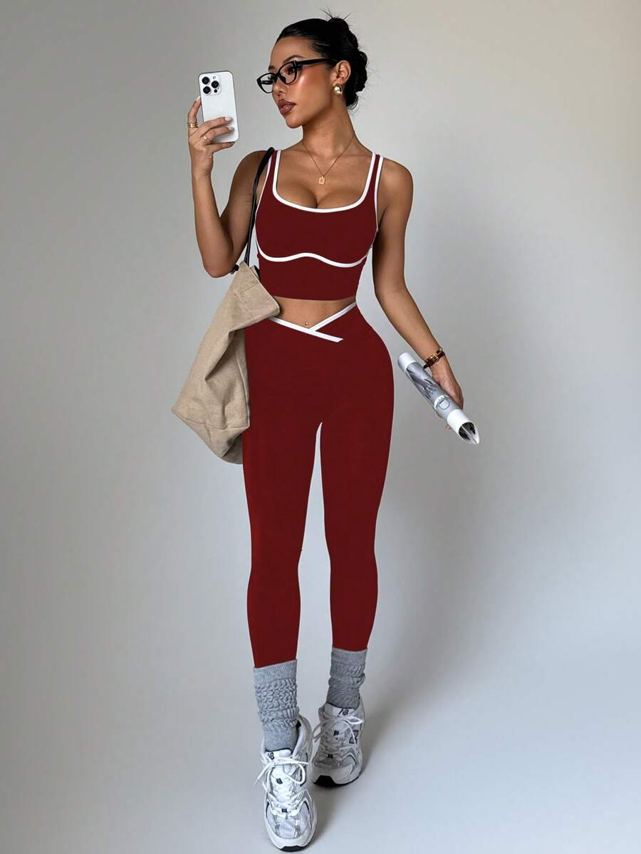 Conjunto Fitness Feminino Sem Costura com Cores Contrastantes