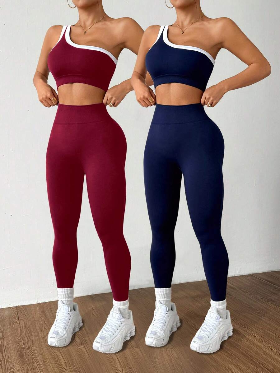Conjunto Fitness Feminino Sem Costura com Top de Um Ombro e Legging