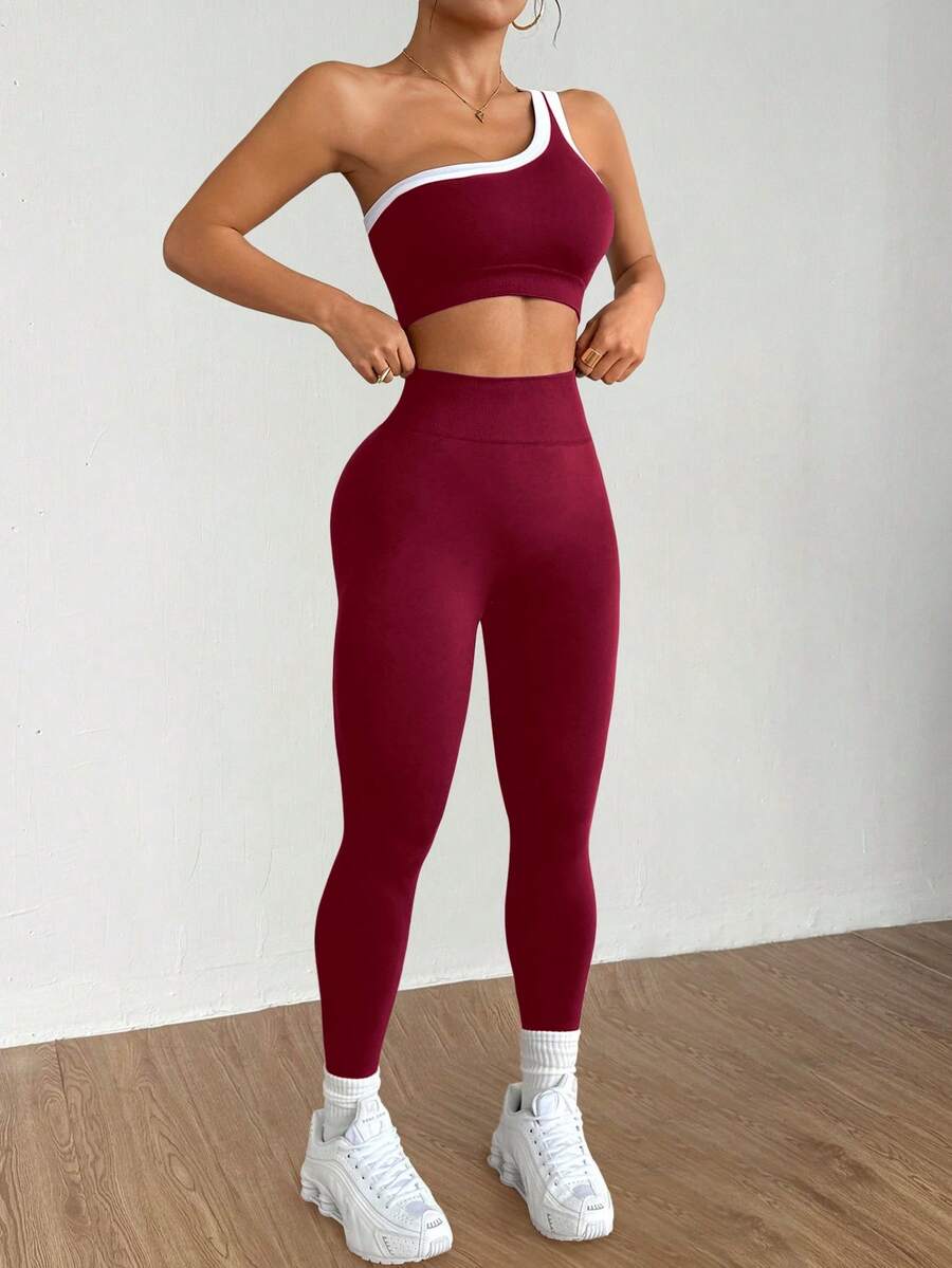 Conjunto Fitness Feminino Sem Costura com Top de Um Ombro e Legging