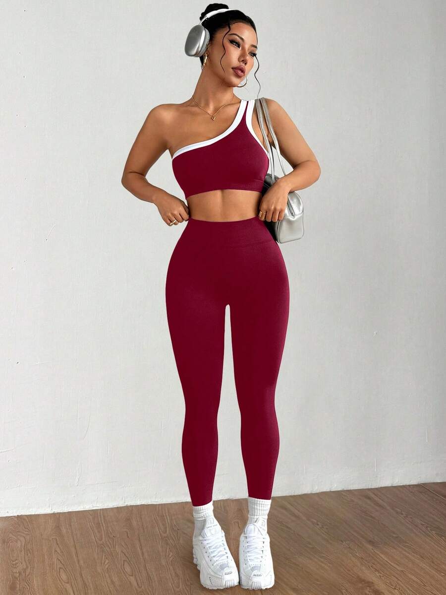 Conjunto Fitness Feminino Sem Costura com Top de Um Ombro e Legging