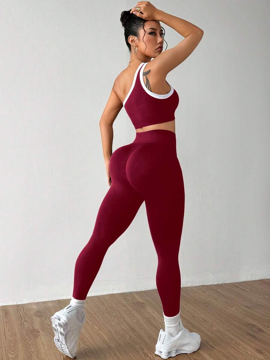 Conjunto Fitness Feminino Sem Costura com Top de Um Ombro e Legging