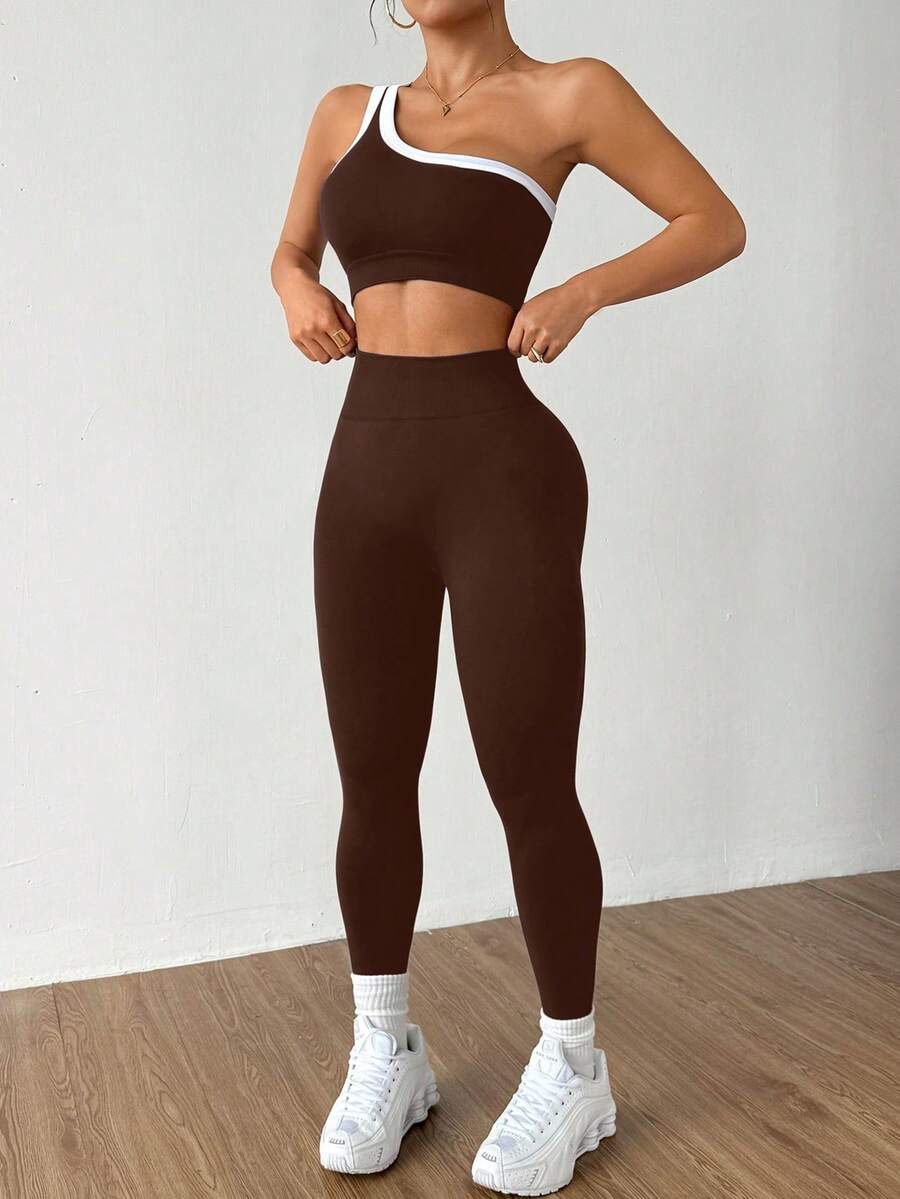 Conjunto Fitness Feminino Sem Costura com Top de Um Ombro e Legging