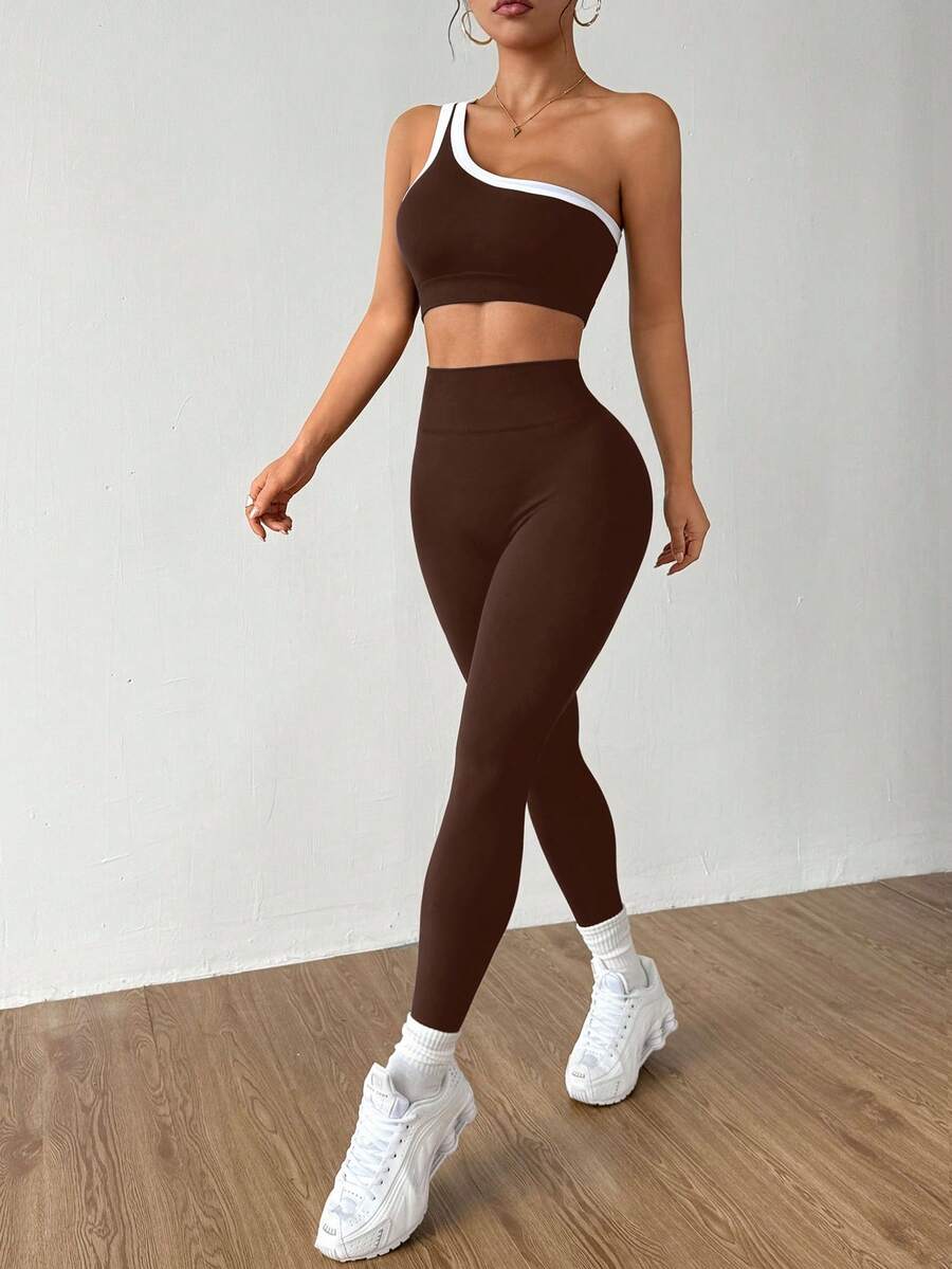 Conjunto Fitness Feminino Sem Costura com Top de Um Ombro e Legging