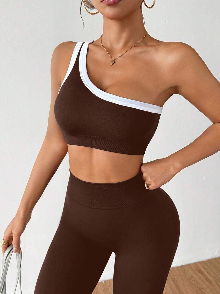Conjunto Fitness Feminino Sem Costura com Top de Um Ombro e Legging