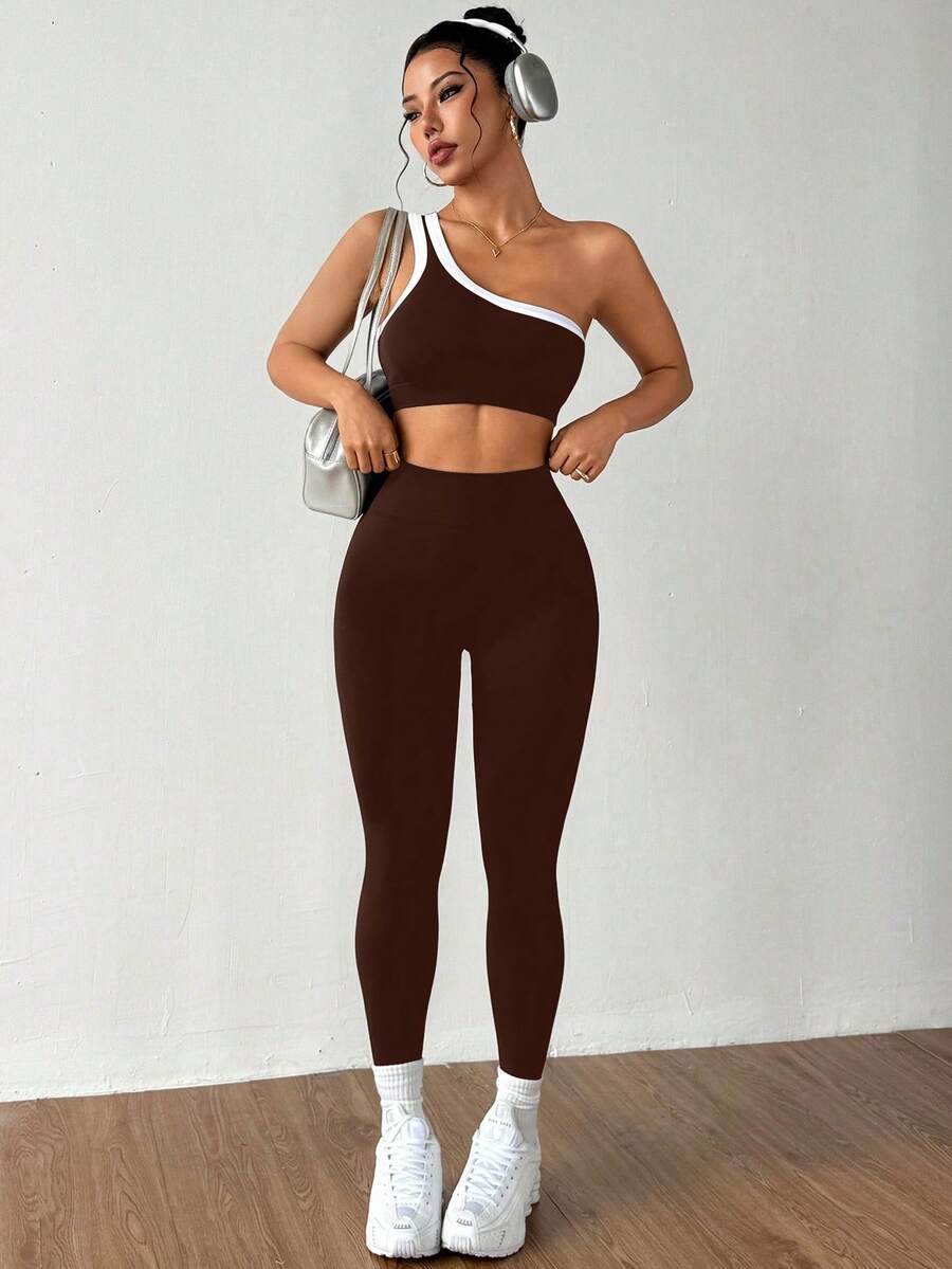 Conjunto Fitness Feminino Sem Costura com Top de Um Ombro e Legging