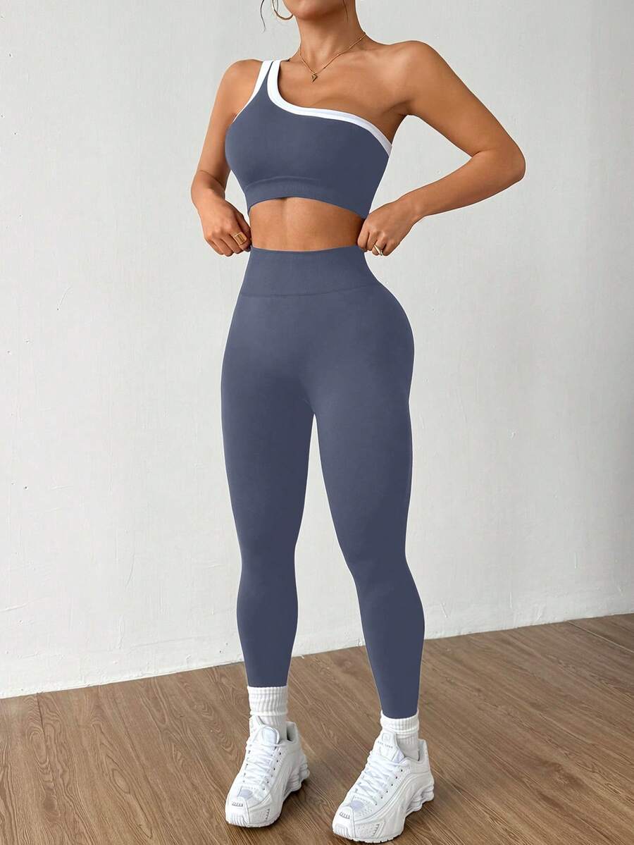 Conjunto Fitness Feminino Sem Costura com Top de Um Ombro e Legging