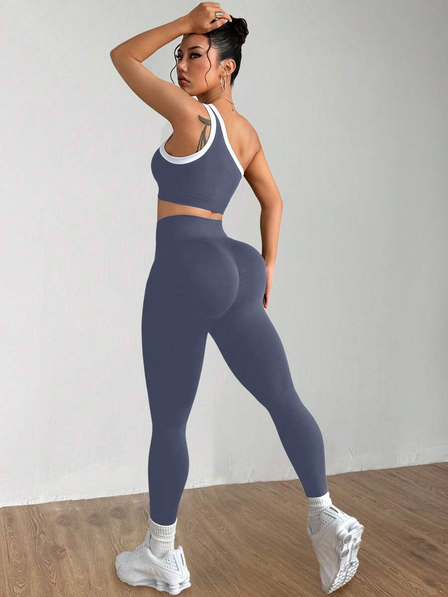 Conjunto Fitness Feminino Sem Costura com Top de Um Ombro e Legging