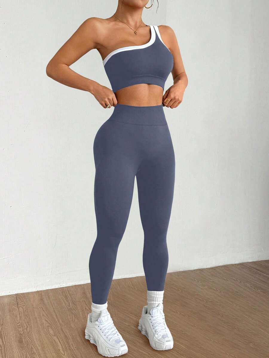 Conjunto Fitness Feminino Sem Costura com Top de Um Ombro e Legging