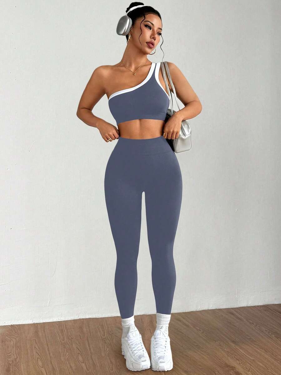Conjunto Fitness Feminino Sem Costura com Top de Um Ombro e Legging