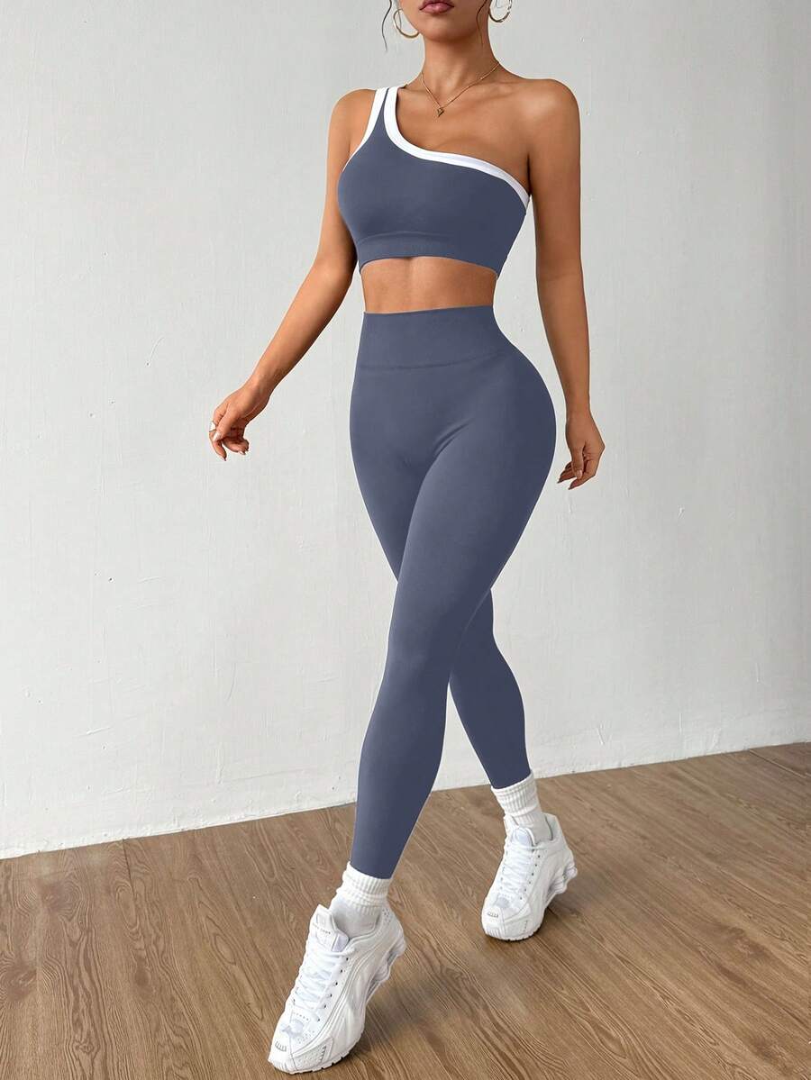Conjunto Fitness Feminino Sem Costura com Top de Um Ombro e Legging