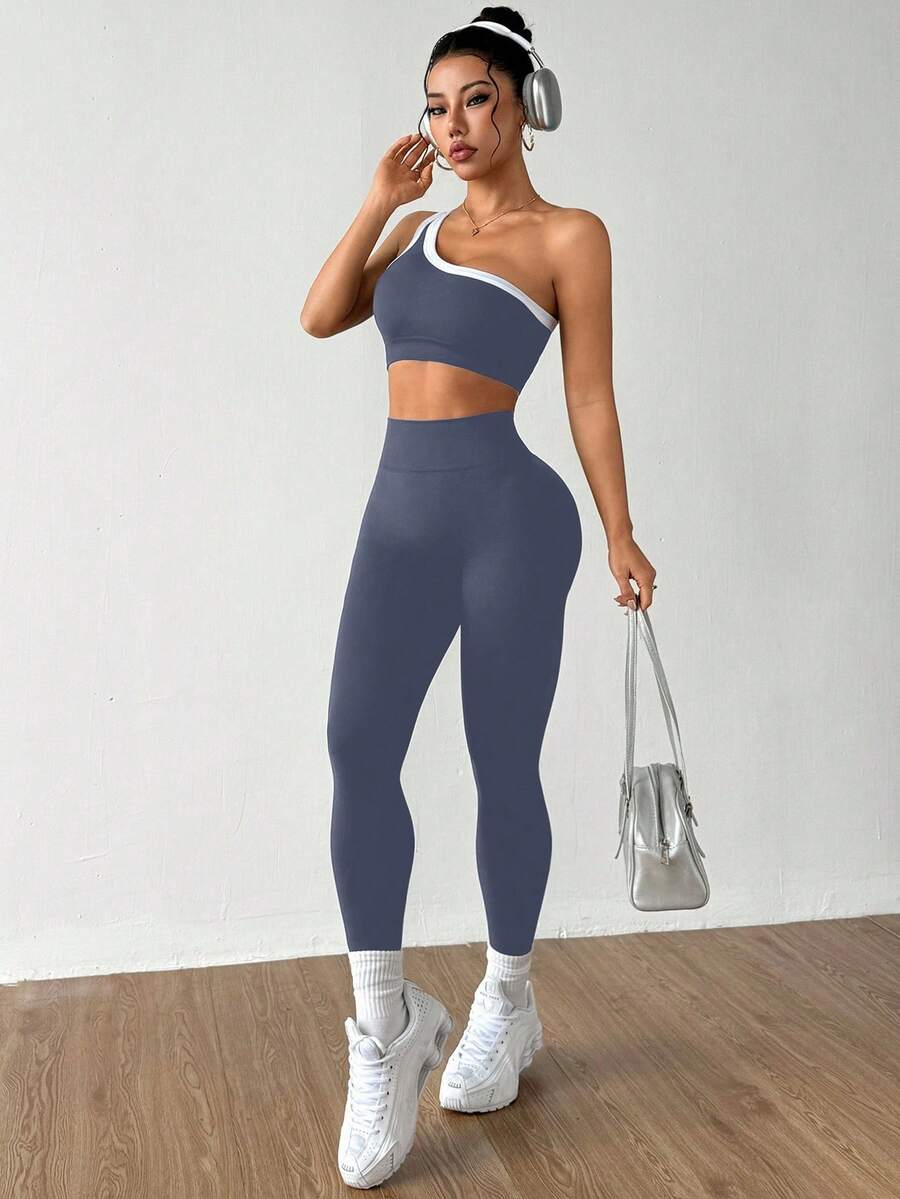 Conjunto Fitness Feminino Sem Costura com Top de Um Ombro e Legging