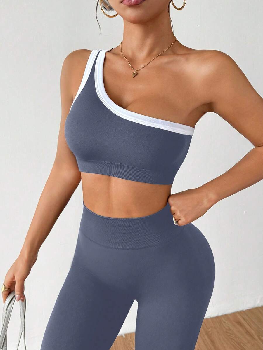 Conjunto Fitness Feminino Sem Costura com Top de Um Ombro e Legging
