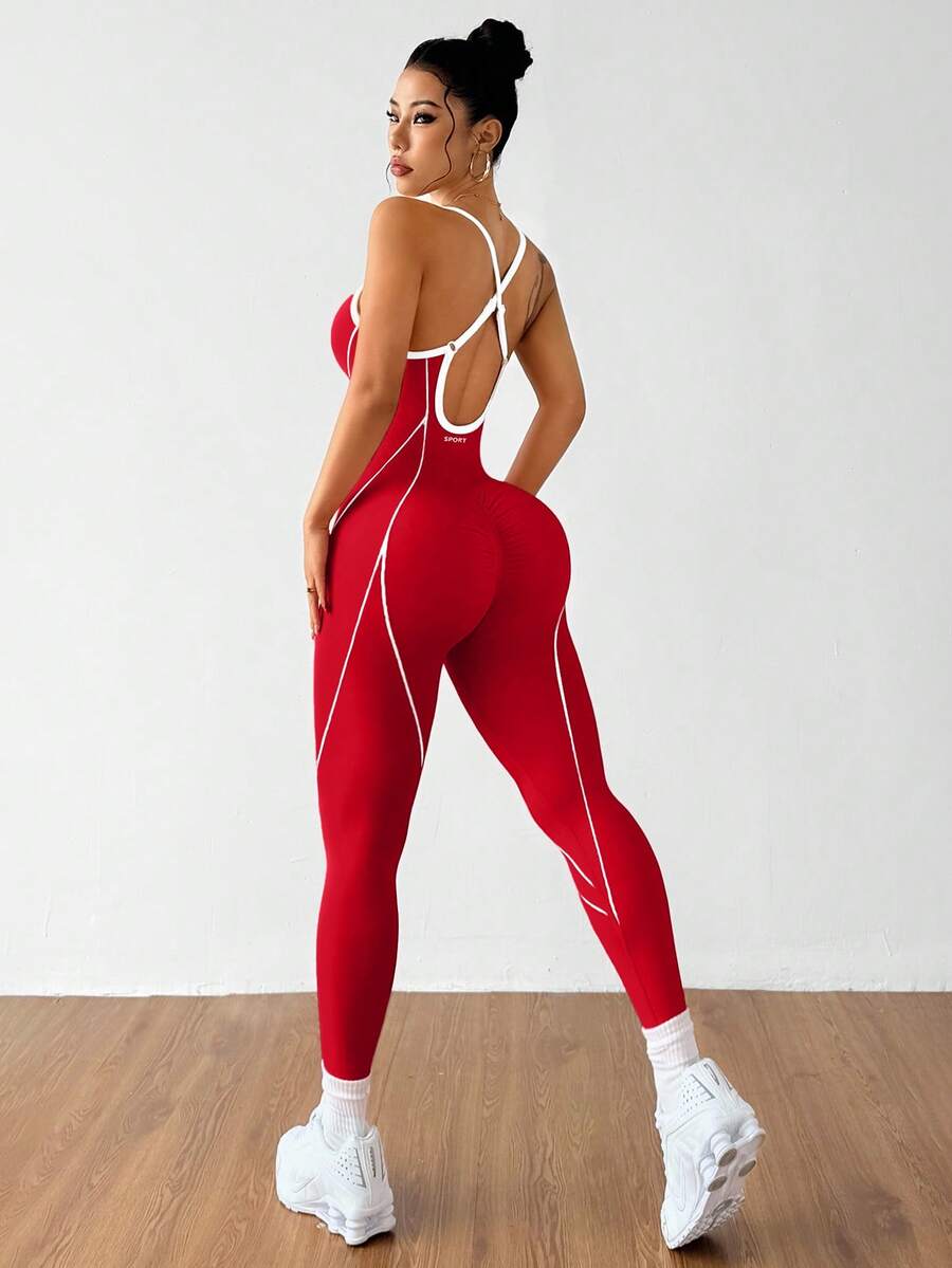 Macaquinho Fitness Feminino Sem Costas com Detalhes Contrastantes
