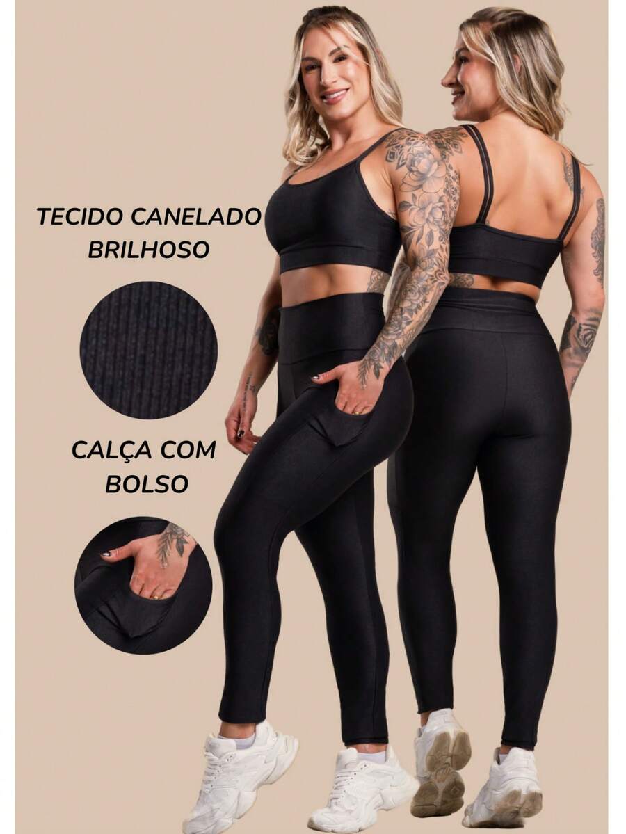 Conjunto Fitness Feminino Canelado com Top de Alça e Legging com Bolso