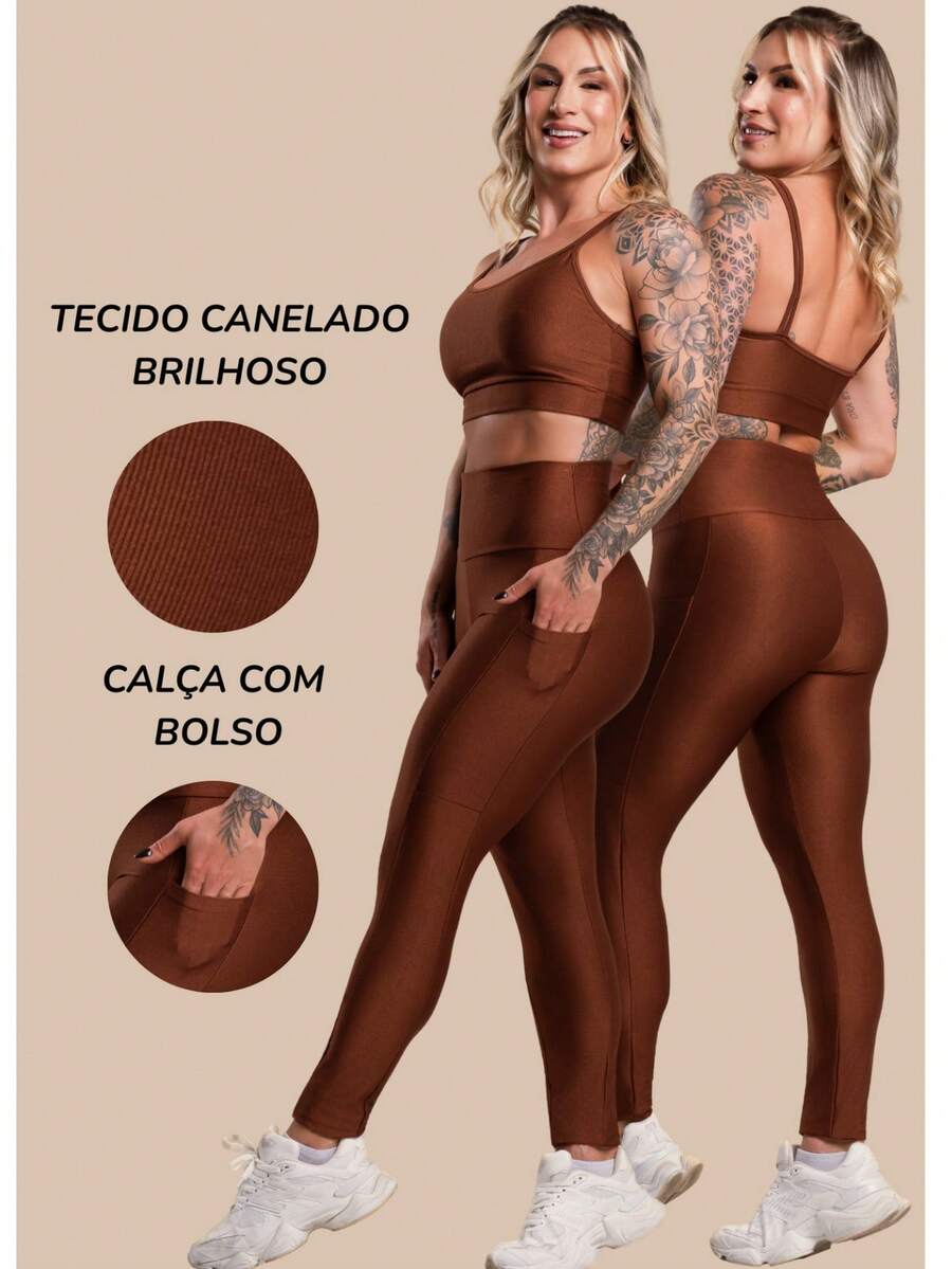 Conjunto Fitness Feminino Canelado com Top de Alça e Legging com Bolso