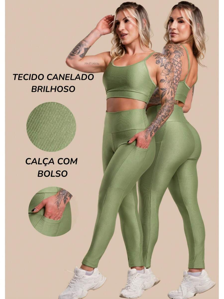 Conjunto Fitness Feminino Canelado com Top de Alça e Legging com Bolso