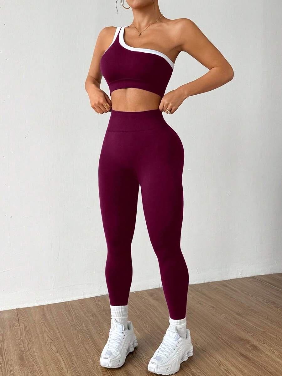 Conjunto Fitness Feminino Sem Costura com Top de Um Ombro e Legging