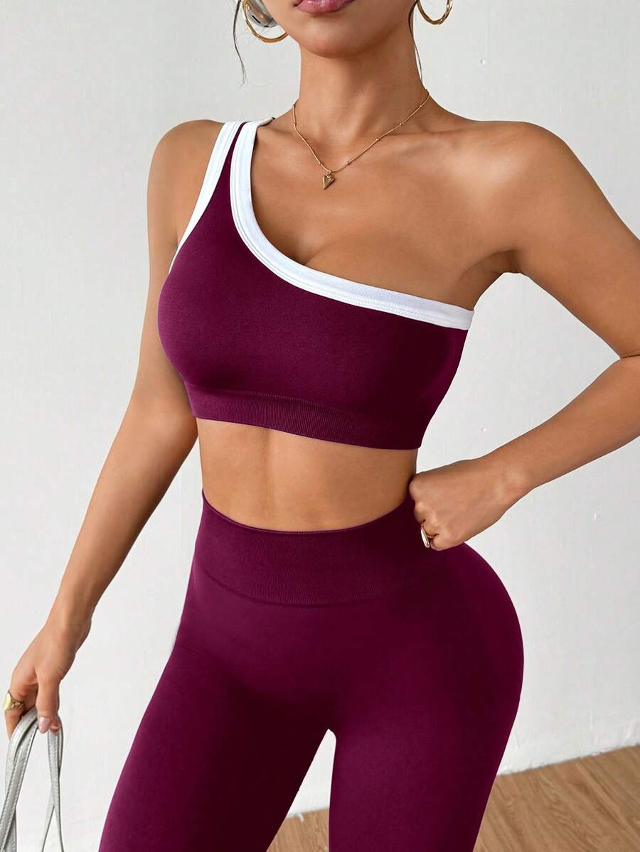 Conjunto Fitness Feminino Sem Costura com Top de Um Ombro e Legging
