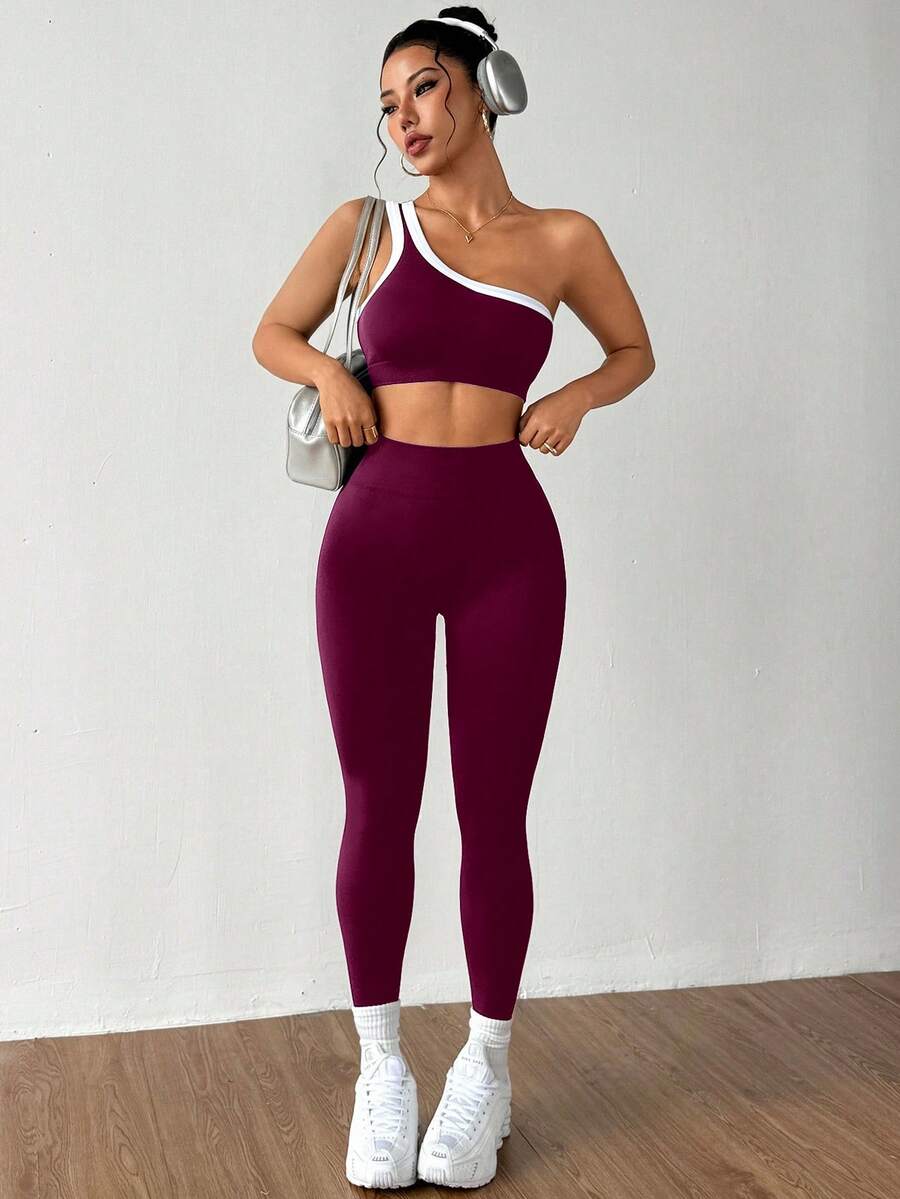 Conjunto Fitness Feminino Sem Costura com Top de Um Ombro e Legging