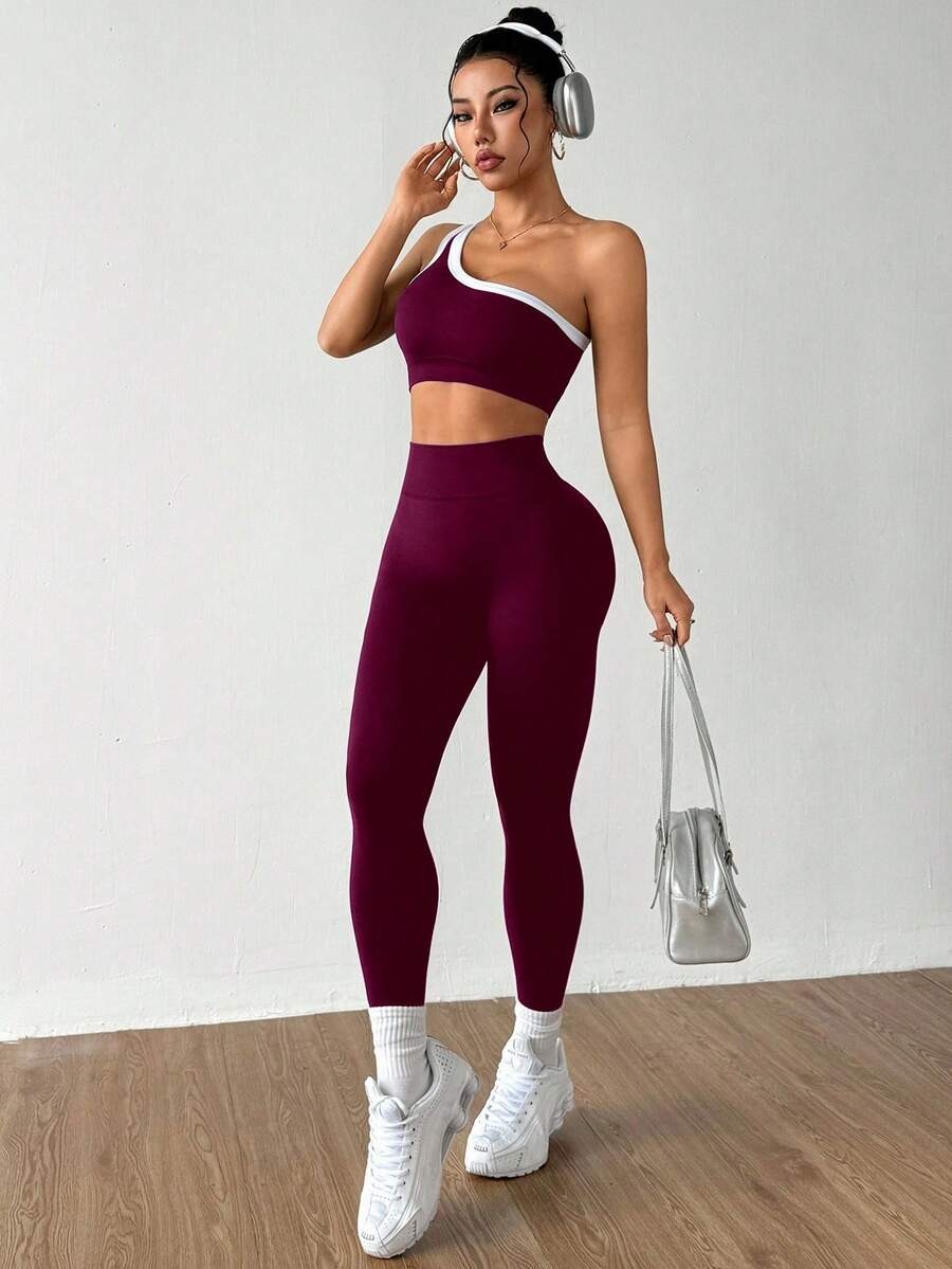 Conjunto Fitness Feminino Sem Costura com Top de Um Ombro e Legging