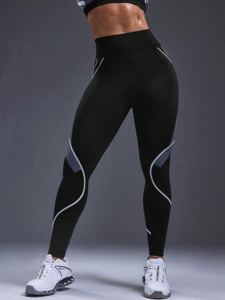 Legging Fitness Feminina Sem Costura com Listras Contrastantes