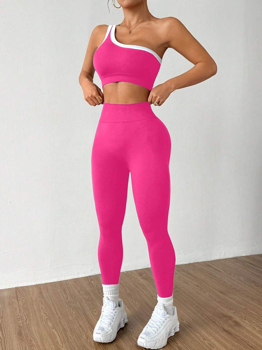 Conjunto Fitness Feminino Sem Costura com Top de Um Ombro e Legging