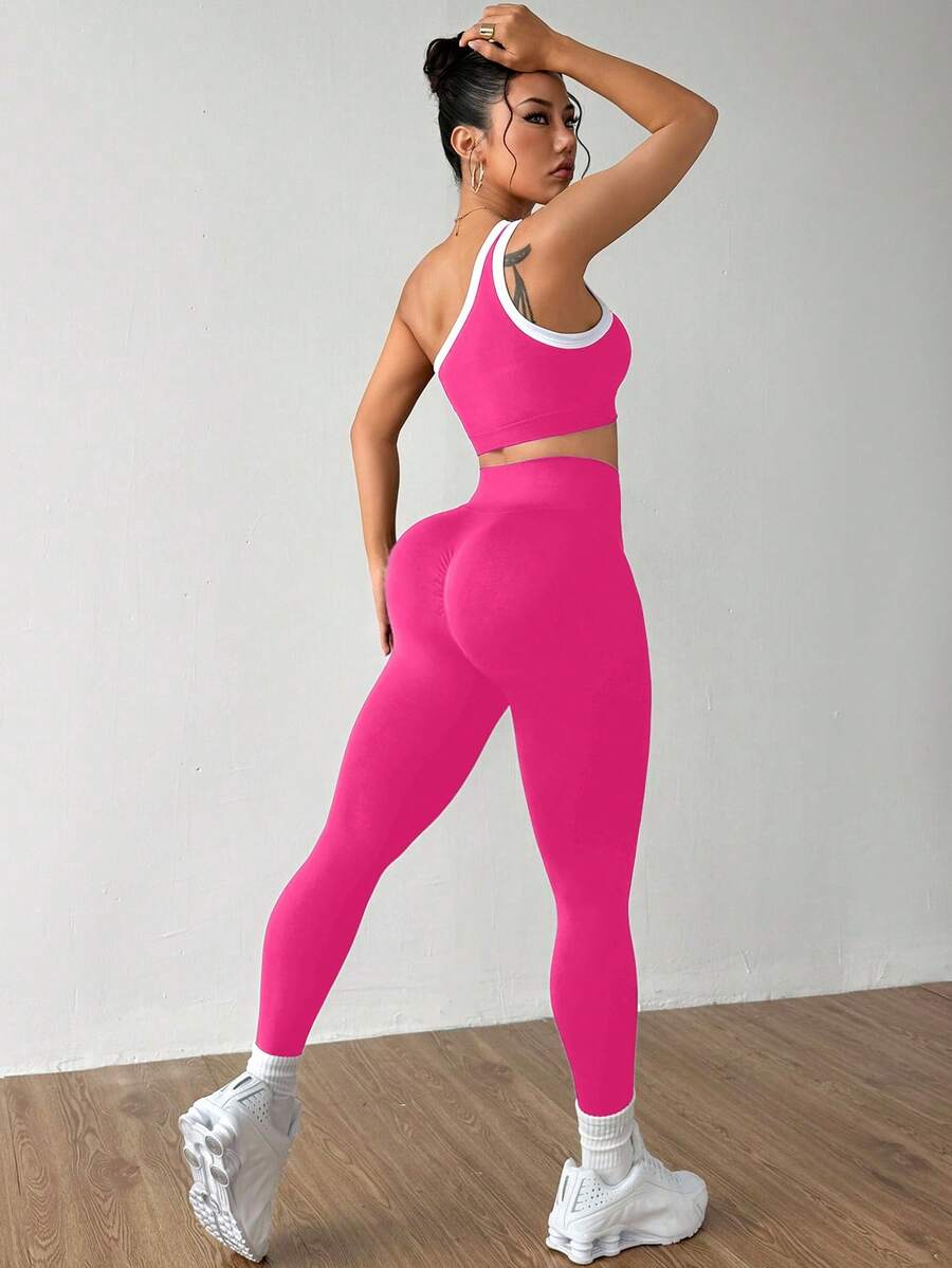 Conjunto Fitness Feminino Sem Costura com Top de Um Ombro e Legging