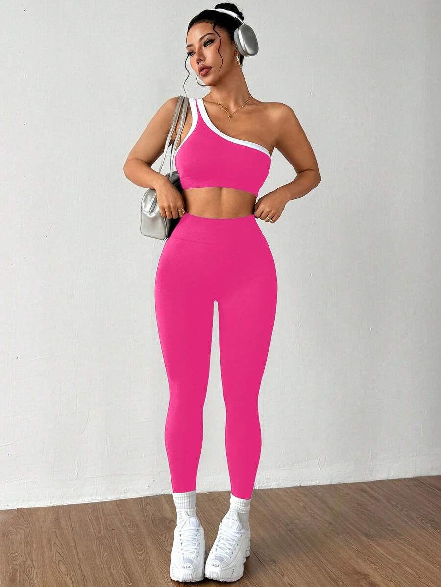 Conjunto Fitness Feminino Sem Costura com Top de Um Ombro e Legging