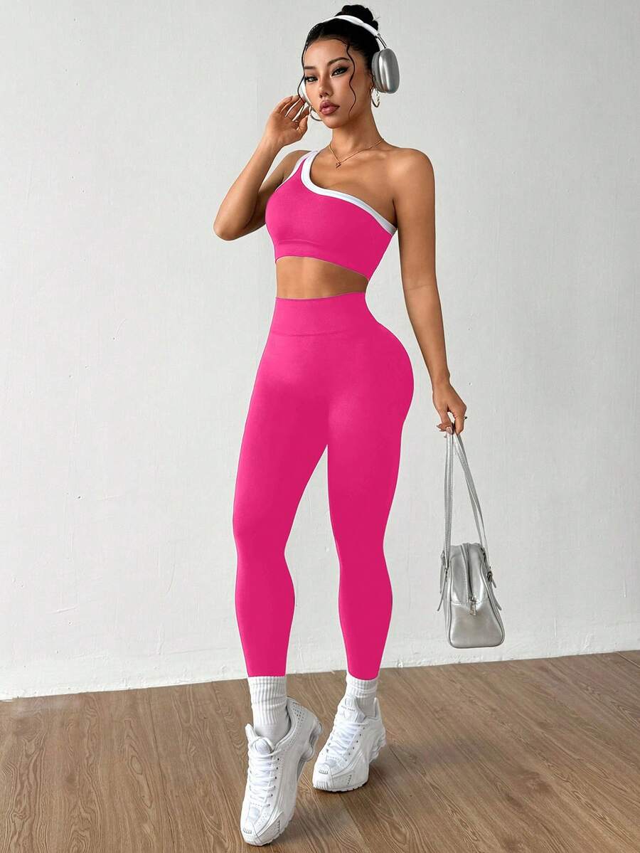Conjunto Fitness Feminino Sem Costura com Top de Um Ombro e Legging