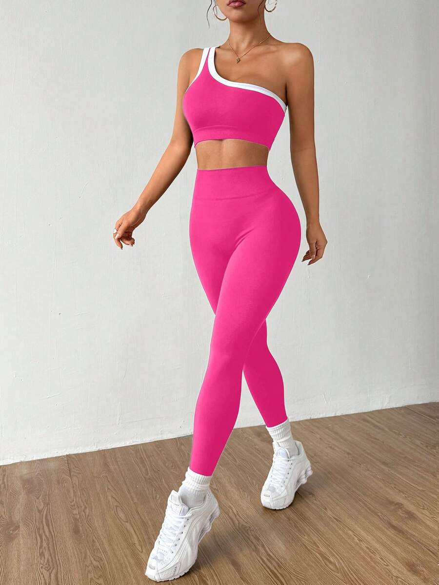 Conjunto Fitness Feminino Sem Costura com Top de Um Ombro e Legging