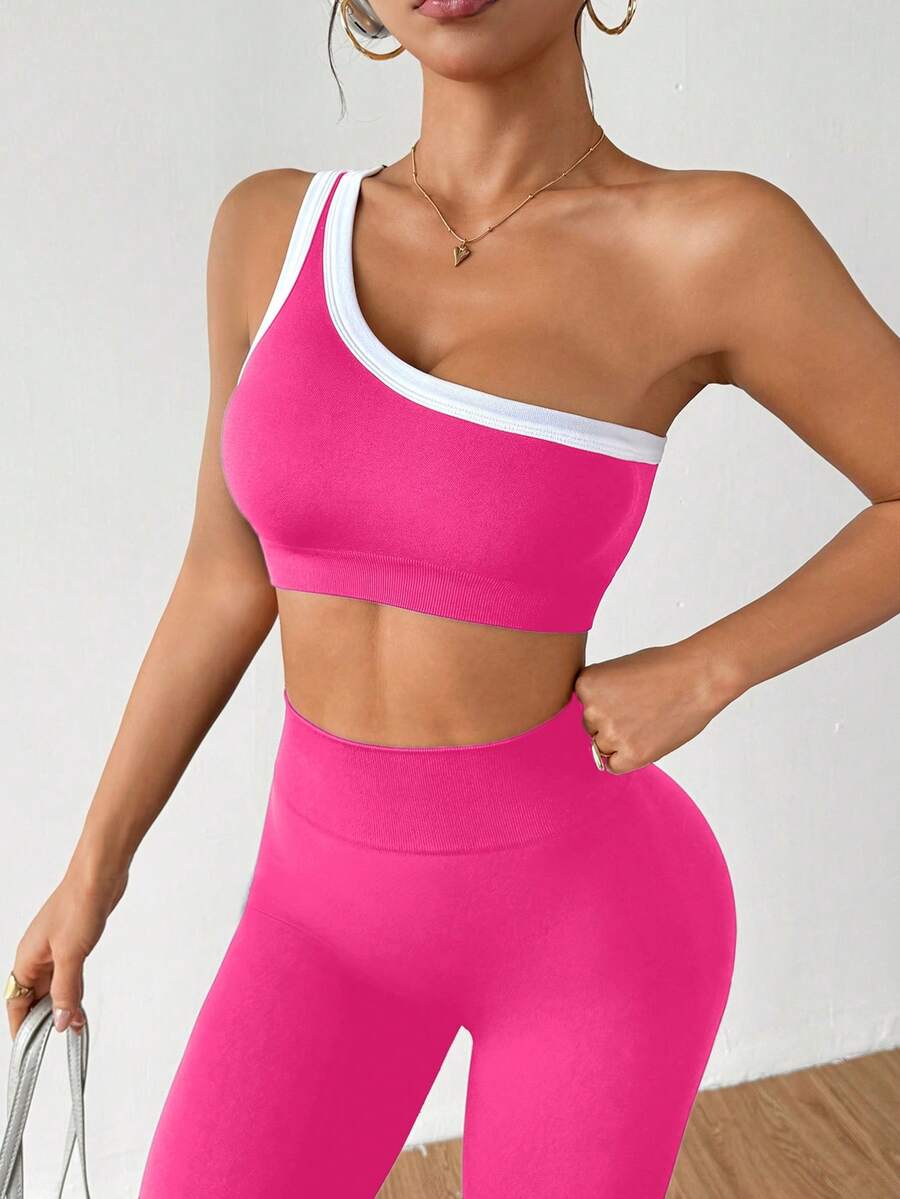 Conjunto Fitness Feminino Sem Costura com Top de Um Ombro e Legging
