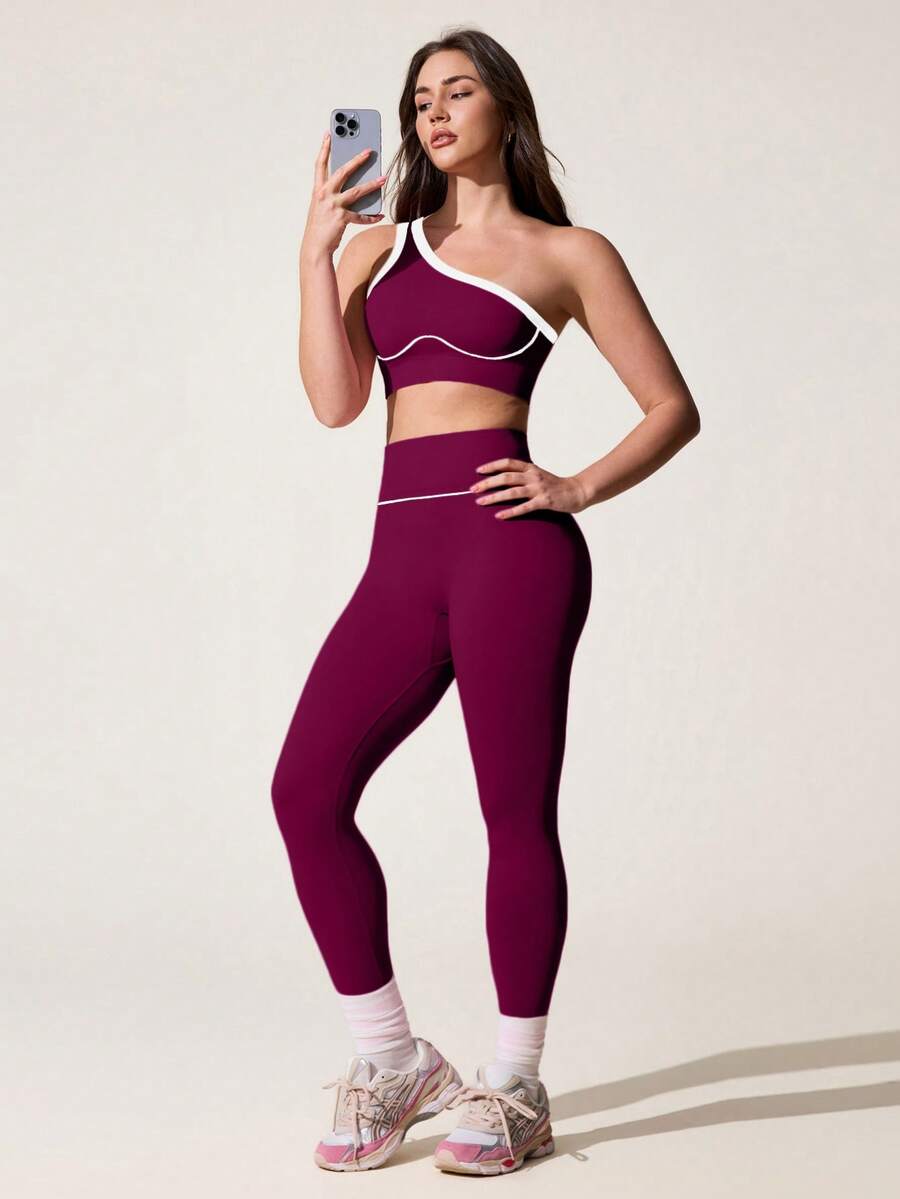 Conjunto Fitness Feminino Sem Costura com Top de Um Ombro e Legging